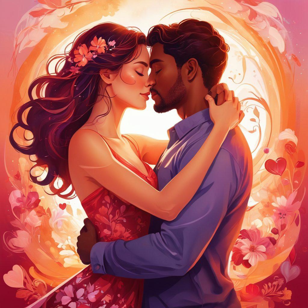 A vibrant and passionate illustration depicting an intimate embrace between two diverse individuals, surrounded by a dreamy background of swirling colors symbolizing love and desire. Add subtle elements like hearts and flowers intertwined around them to accentuate the theme of romance and passion. Evoke a sense of warmth and acceptance with soft lighting. vector art. warm tones.