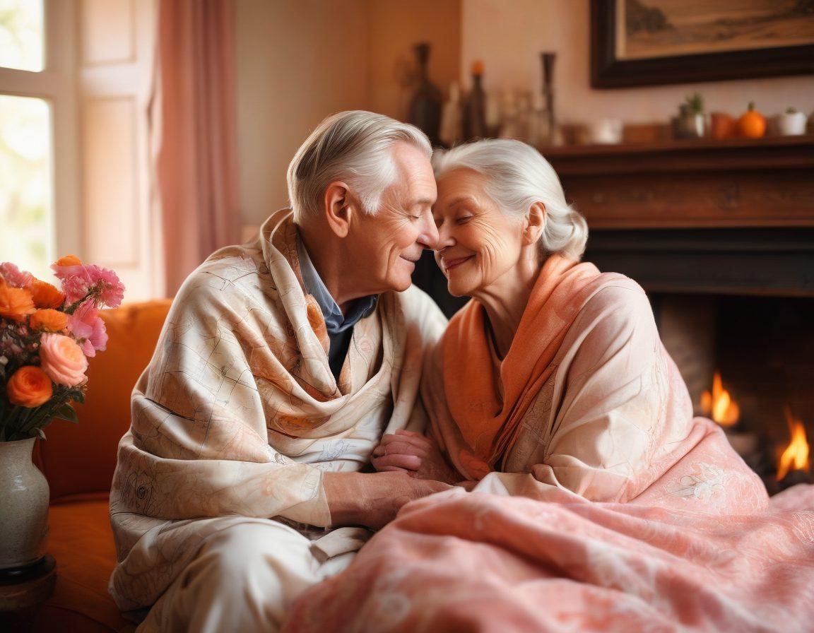 A warm, intimate scene depicting an older couple sharing a loving embrace, surrounded by symbols of companionship like a cozy fireplace, soft blankets, and delicate flowers. The background features a picturesque sunset merging vibrant oranges and soft pinks, symbolizing passion and connection. Add playful elements that hint at their adventurous spirit, like a vintage bike or travel maps casually placed. The ambiance is romantic and tender, capturing the essence of mature love and intimacy. super-realistic. warm colors. soft focus.