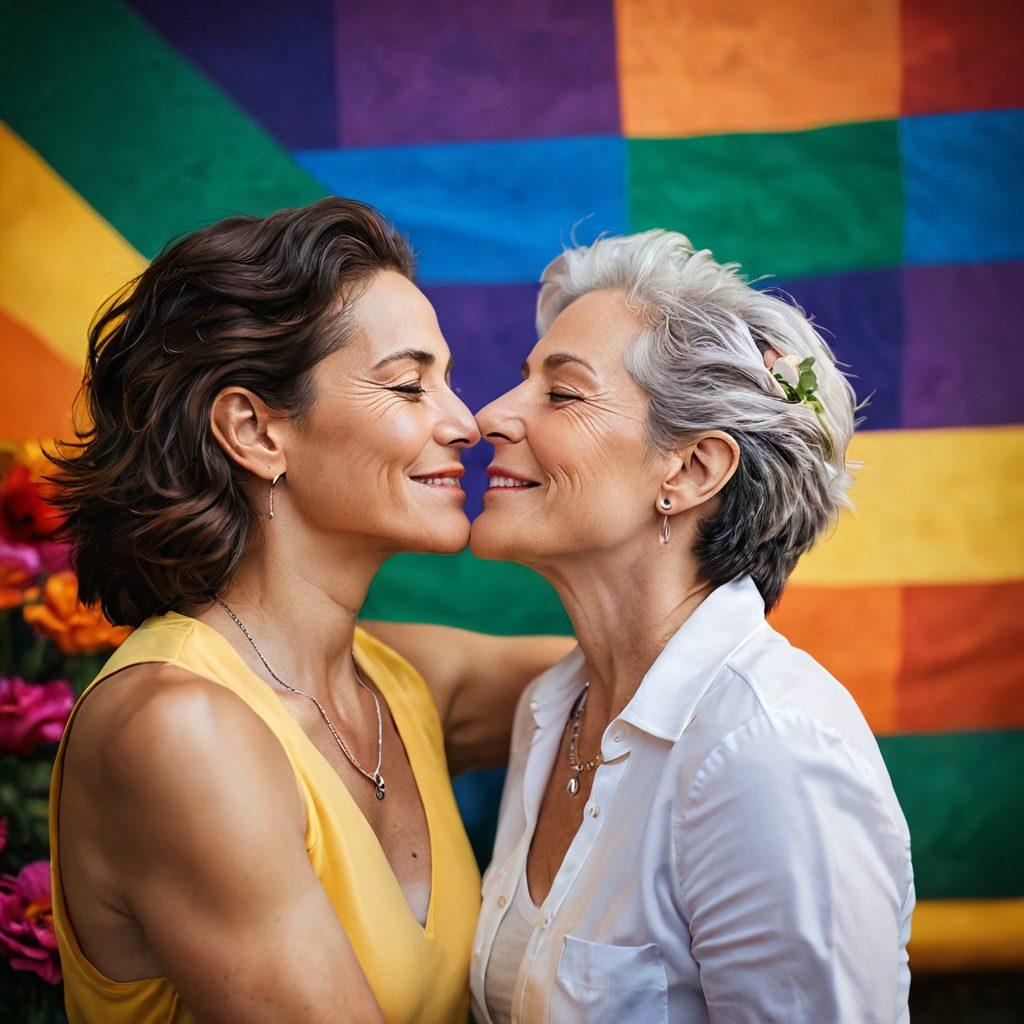 A captivating scene featuring a confident, mature woman sharing an intimate moment with another woman, set against a vibrant LGBTQ pride backdrop filled with rainbow colors. The women are embracing, exuding warmth and love, with subtle symbols of the LGBTQ community around them, like pride flags and flowers. The lighting is soft and inviting, emphasizing their expressions of passion and connection. super-realistic. vibrant colors. soft focus.
